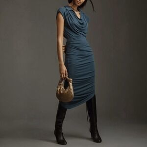 By Anthropologie Ruched Cowl-Neck Cap-Sleeve Midi‎ Asymmetric Dress NWT Sz M